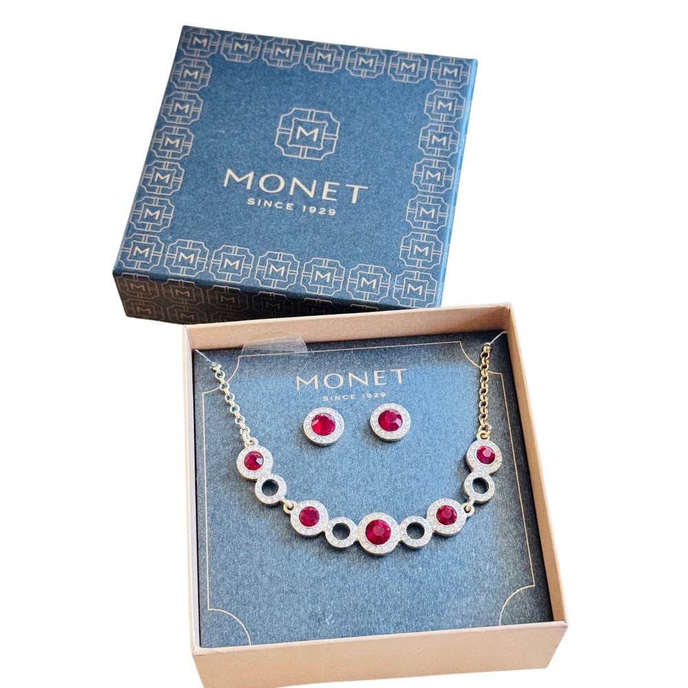 Monet Matching Set Earrings Necklace‎ Red Crystal Rhinestone Gold Plated NIB NWT